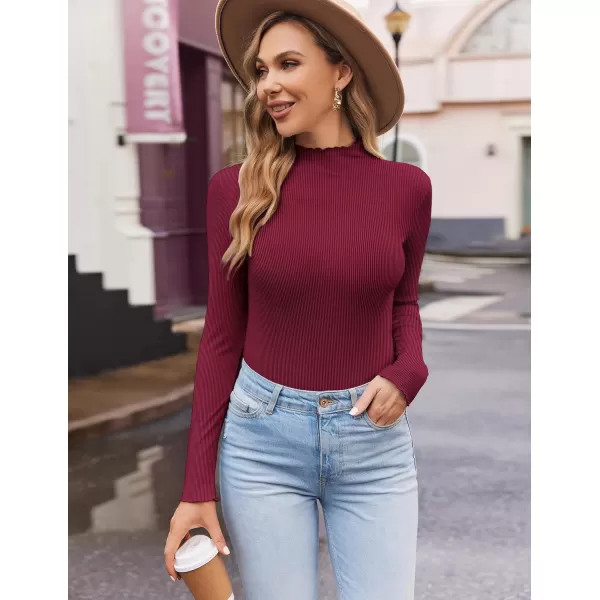 Ekouaer Turtleneck Shirt Women Ribbed Long Sleeve Shirts Lettuce Trim Mock Neck Tops Slim Fit Base LayerRed