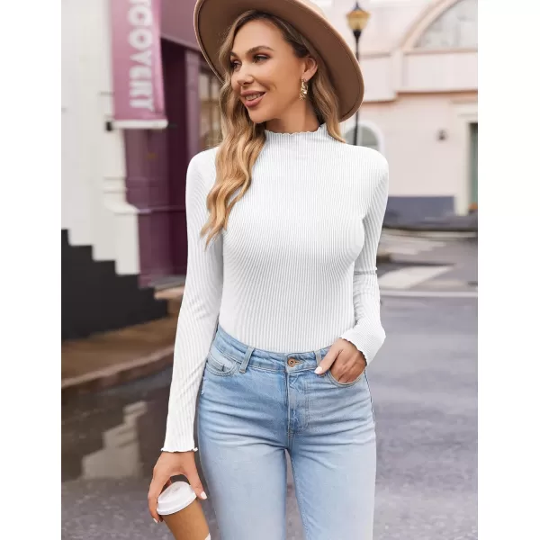 Ekouaer Turtleneck Shirt Women Ribbed Long Sleeve Shirts Lettuce Trim Mock Neck Tops Slim Fit Base LayerWhite