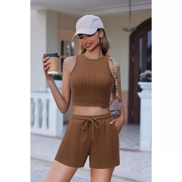 Ekouaer Women 2 Piece Outfits Sleeveless Pajama Set Crop Top Short Set Lounge Set Tracksuits with PocketBrown