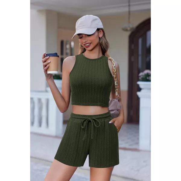 Ekouaer Women 2 Piece Outfits Sleeveless Pajama Set Crop Top Short Set Lounge Set Tracksuits with PocketDeep Green