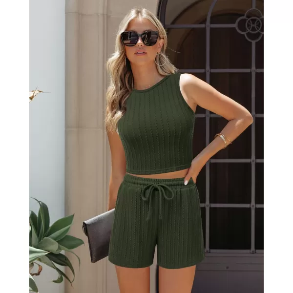 Ekouaer Women 2 Piece Outfits Sleeveless Pajama Set Crop Top Short Set Lounge Set Tracksuits with PocketDeep Green