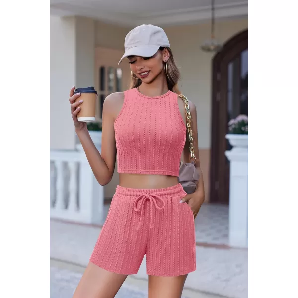 Ekouaer Women 2 Piece Outfits Sleeveless Pajama Set Crop Top Short Set Lounge Set Tracksuits with PocketRose Pink