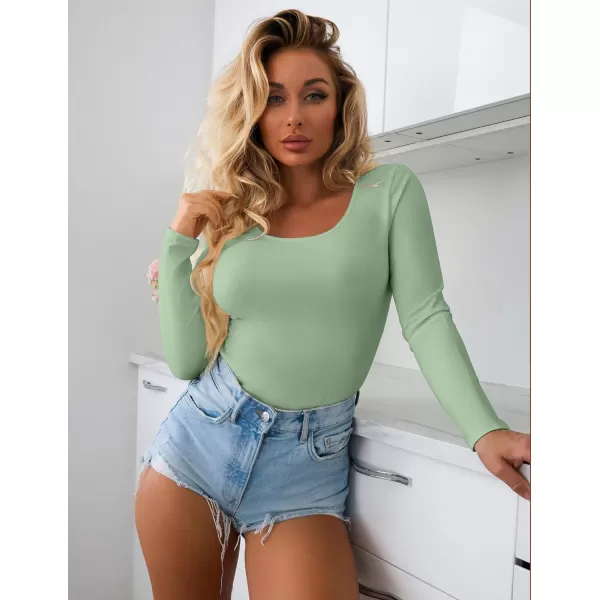 Ekouaer Women Long Sleeve Shirt Scoop Neck Tops Slim Fit Basic Top Thermal Undershirts Base Layer TeeCeladon Green