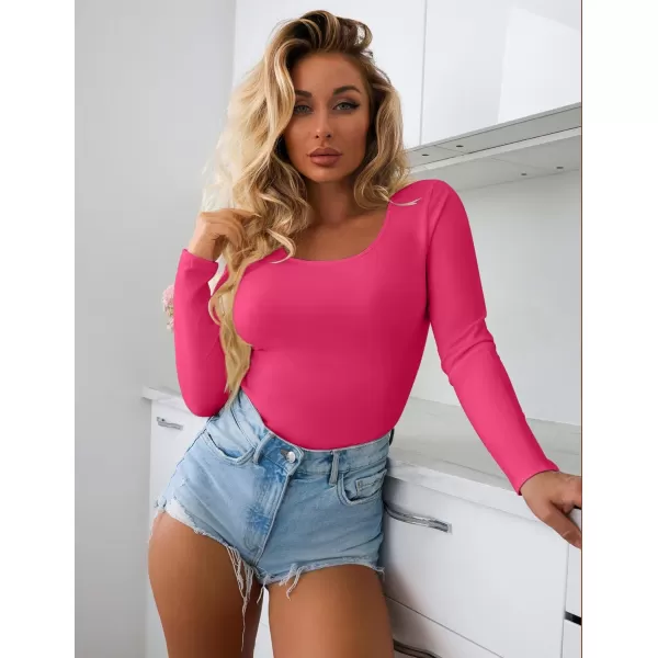 Ekouaer Women Long Sleeve Shirt Scoop Neck Tops Slim Fit Basic Top Thermal Undershirts Base Layer TeeHot Pink