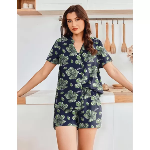 Ekouaer Women Pajamas Set Button Down Printed Pj Lounge Sets Soft Loose Loungewear SleepwearAnavy Flower