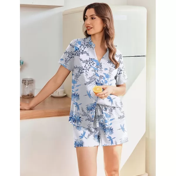 Ekouaer Women Pajamas Set Button Down Printed Pj Lounge Sets Soft Loose Loungewear SleepwearBlue Flower