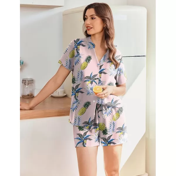 Ekouaer Women Pajamas Set Button Down Printed Pj Lounge Sets Soft Loose Loungewear SleepwearPink Tropical Print