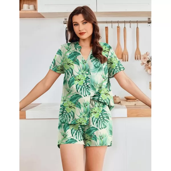 Ekouaer Women Pajamas Set Button Down Printed Pj Lounge Sets Soft Loose Loungewear SleepwearTropical Leaves