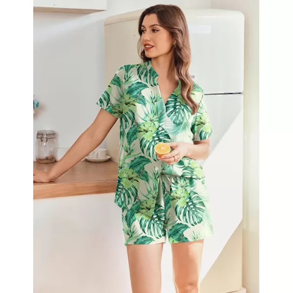 Ekouaer Women Pajamas Set Button Down Printed Pj Lounge Sets Soft Loose Loungewear SleepwearTropical Leaves