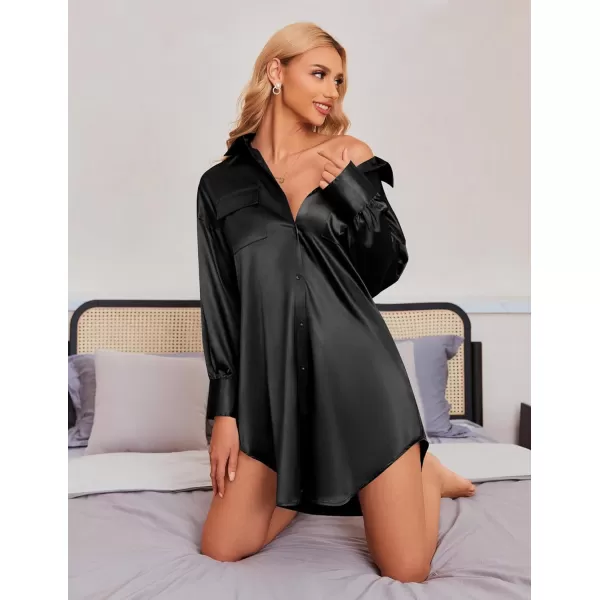 Ekouaer Women Satin Sleep Shirt Long Sleeve Nightgown Button Down Nightshirt Silk Sleepwear Soft Pajama Dress Sleep DressBlack