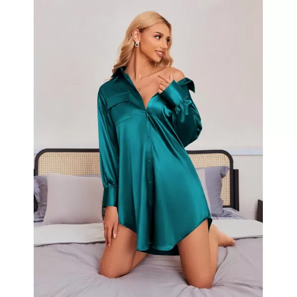 Ekouaer Women Satin Sleep Shirt Long Sleeve Nightgown Button Down Nightshirt Silk Sleepwear Soft Pajama Dress Sleep DressBlue Green