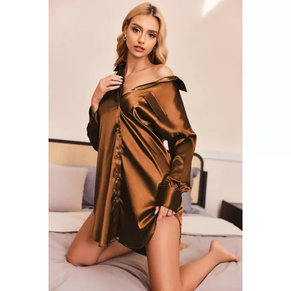 Ekouaer Women Satin Sleep Shirt Long Sleeve Nightgown Button Down Nightshirt Silk Sleepwear Soft Pajama Dress Sleep DressBrown