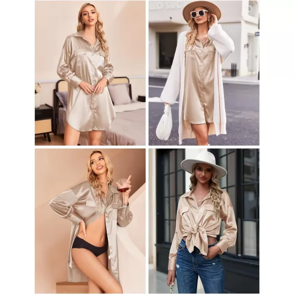 Ekouaer Women Satin Sleep Shirt Long Sleeve Nightgown Button Down Nightshirt Silk Sleepwear Soft Pajama Dress Sleep DressChampagne