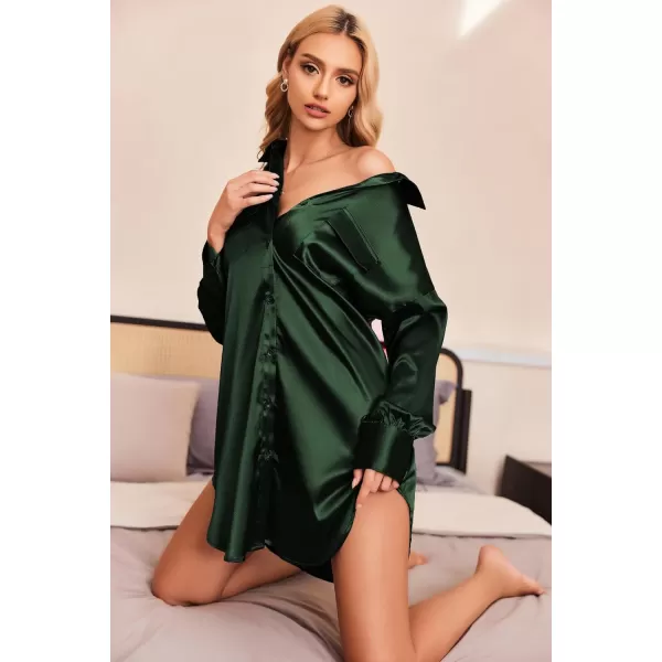 Ekouaer Women Satin Sleep Shirt Long Sleeve Nightgown Button Down Nightshirt Silk Sleepwear Soft Pajama Dress Sleep DressGreen