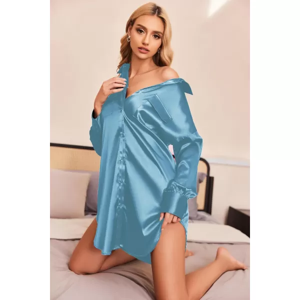 Ekouaer Women Satin Sleep Shirt Long Sleeve Nightgown Button Down Nightshirt Silk Sleepwear Soft Pajama Dress Sleep DressLight Blue