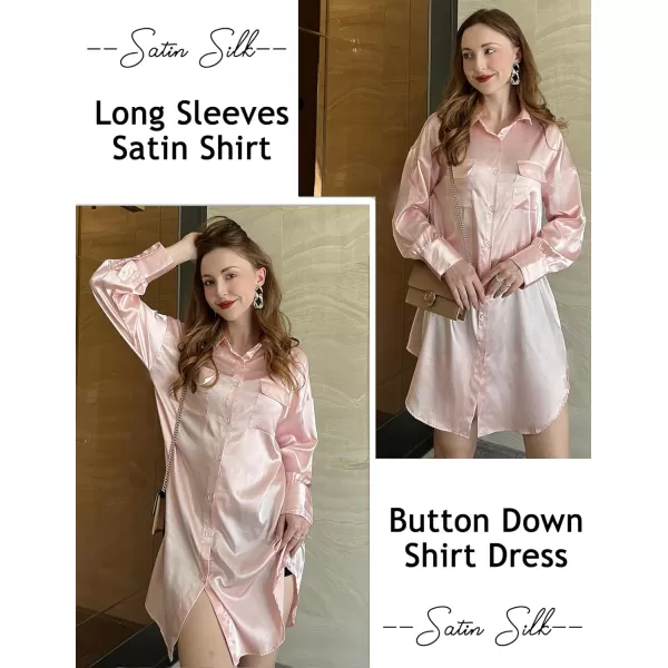 Ekouaer Women Satin Sleep Shirt Long Sleeve Nightgown Button Down Nightshirt Silk Sleepwear Soft Pajama Dress Sleep DressLight Pink