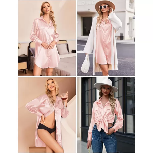 Ekouaer Women Satin Sleep Shirt Long Sleeve Nightgown Button Down Nightshirt Silk Sleepwear Soft Pajama Dress Sleep DressLight Pink
