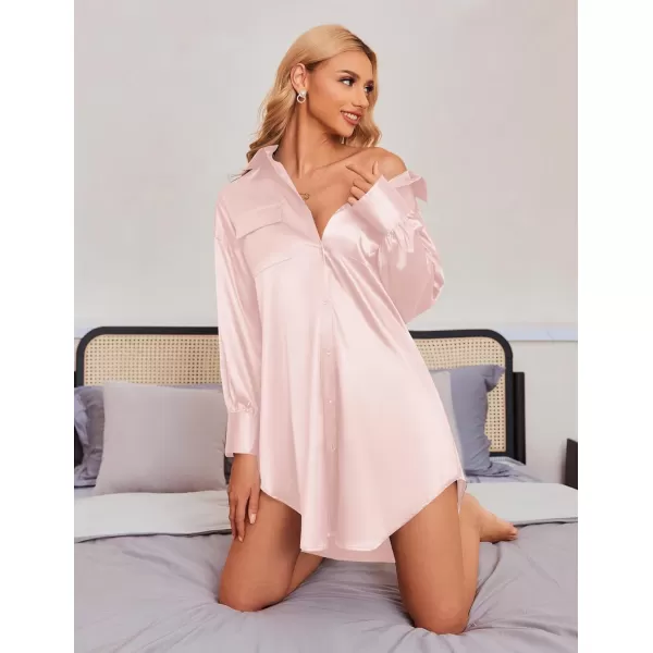 Ekouaer Women Satin Sleep Shirt Long Sleeve Nightgown Button Down Nightshirt Silk Sleepwear Soft Pajama Dress Sleep DressLight Pink