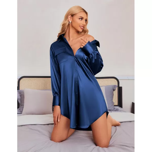 Ekouaer Women Satin Sleep Shirt Long Sleeve Nightgown Button Down Nightshirt Silk Sleepwear Soft Pajama Dress Sleep DressNavy Blue