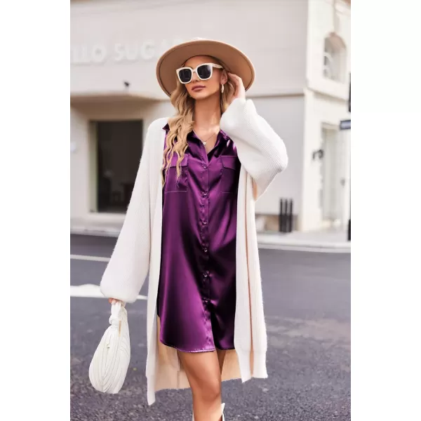 Ekouaer Women Satin Sleep Shirt Long Sleeve Nightgown Button Down Nightshirt Silk Sleepwear Soft Pajama Dress Sleep DressPurple