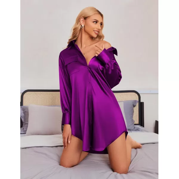 Ekouaer Women Satin Sleep Shirt Long Sleeve Nightgown Button Down Nightshirt Silk Sleepwear Soft Pajama Dress Sleep DressPurple