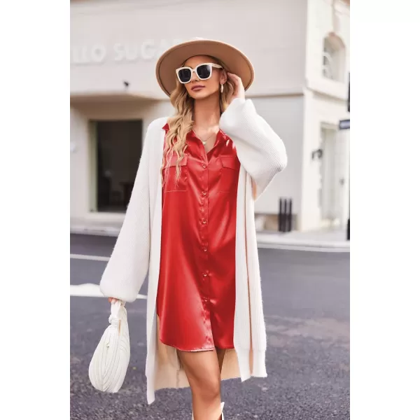 Ekouaer Women Satin Sleep Shirt Long Sleeve Nightgown Button Down Nightshirt Silk Sleepwear Soft Pajama Dress Sleep DressRed