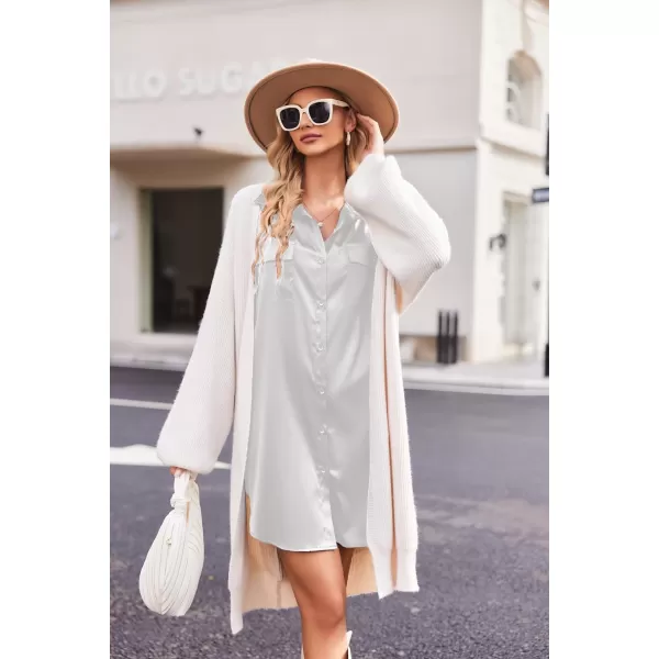 Ekouaer Women Satin Sleep Shirt Long Sleeve Nightgown Button Down Nightshirt Silk Sleepwear Soft Pajama Dress Sleep DressWhite