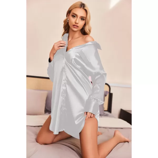 Ekouaer Women Satin Sleep Shirt Long Sleeve Nightgown Button Down Nightshirt Silk Sleepwear Soft Pajama Dress Sleep DressWhite