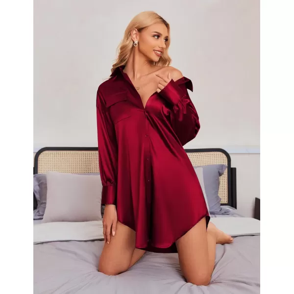 Ekouaer Women Satin Sleep Shirt Long Sleeve Nightgown Button Down Nightshirt Silk Sleepwear Soft Pajama Dress Sleep DressWine Red