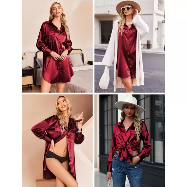 Ekouaer Women Satin Sleep Shirt Long Sleeve Nightgown Button Down Nightshirt Silk Sleepwear Soft Pajama Dress Sleep DressWine Red