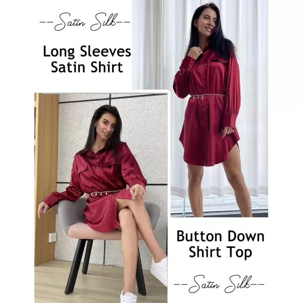 Ekouaer Women Satin Sleep Shirt Long Sleeve Nightgown Button Down Nightshirt Silk Sleepwear Soft Pajama Dress Sleep DressWine Red