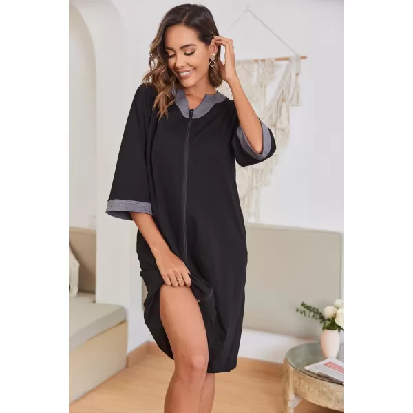 Ekouaer Women Zipper Robe 34 Sleeve Nightgowns Lightweight Short Bathrobe with Pockets S3XLAblack