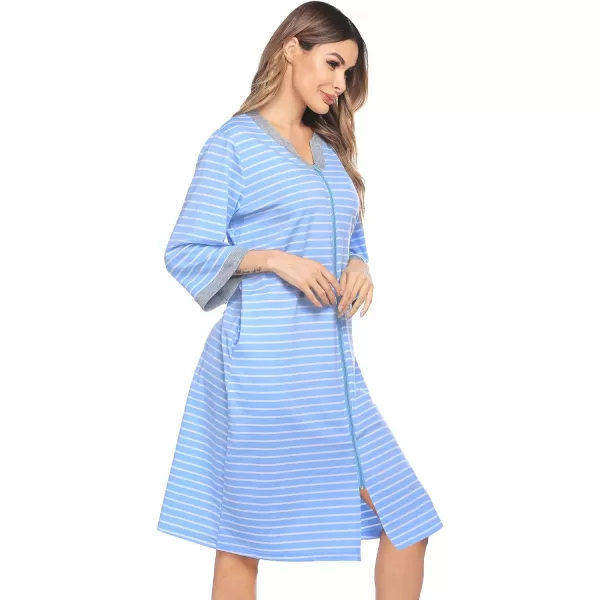 Ekouaer Women Zipper Robe 34 Sleeve Nightgowns Lightweight Short Bathrobe with Pockets S3XLBlue