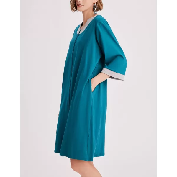 Ekouaer Women Zipper Robe 34 Sleeve Nightgowns Lightweight Short Bathrobe with Pockets S3XLBlue Green