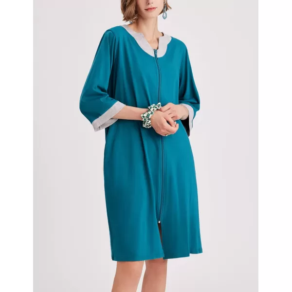 Ekouaer Women Zipper Robe 34 Sleeve Nightgowns Lightweight Short Bathrobe with Pockets S3XLBlue Green