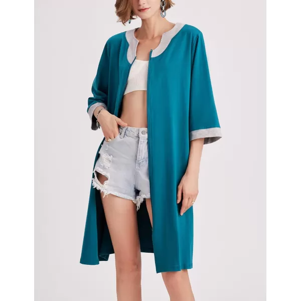 Ekouaer Women Zipper Robe 34 Sleeve Nightgowns Lightweight Short Bathrobe with Pockets S3XLBlue Green