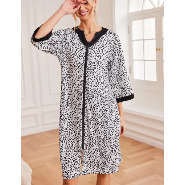 Ekouaer Women Zipper Robe 34 Sleeve Nightgowns Lightweight Short Bathrobe with Pockets S3XLWhite Leopard Print