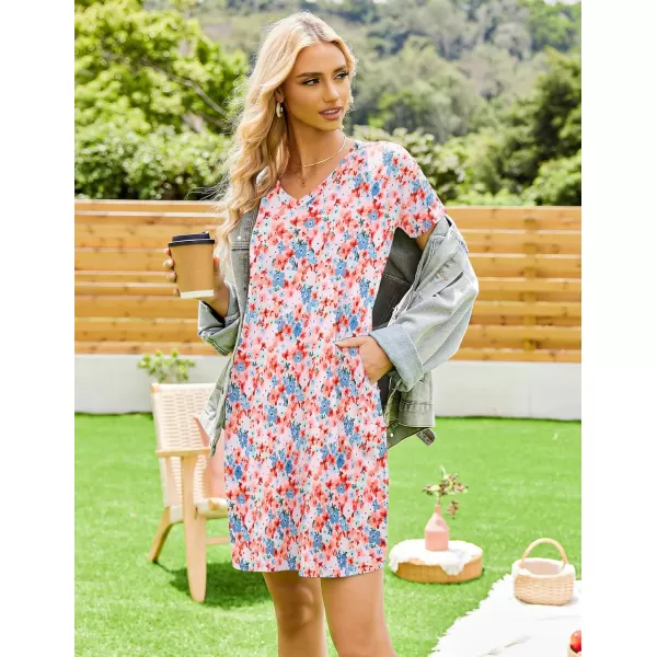 Ekouaer Womens 2 Pack Nightgown V Neck Sleepshirt Short Sleeve Nightshirt PlainFloral Pajama Dress with PocketsRoyal Blueyellow Floral