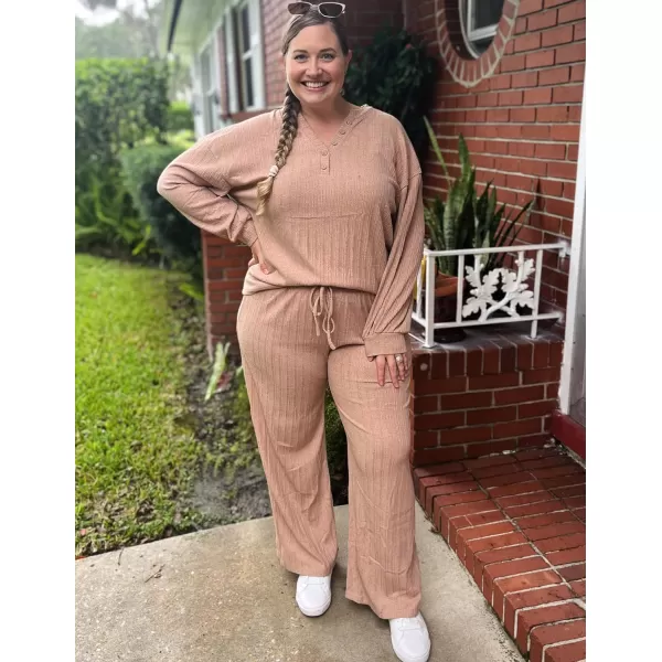 Ekouaer Womens 2 Piece Outfits Long Sleeve Knit Sweater Lounge Set Slouchy Pajama Set Cozy Loose Loungewear with PocketsBeige