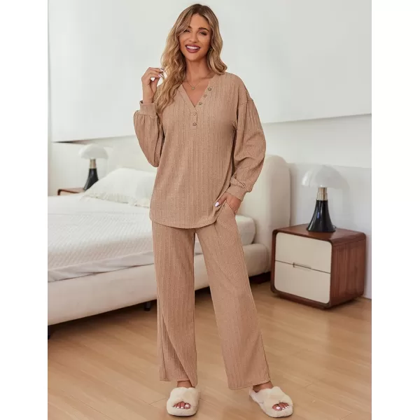 Ekouaer Womens 2 Piece Outfits Long Sleeve Knit Sweater Lounge Set Slouchy Pajama Set Cozy Loose Loungewear with PocketsBeige