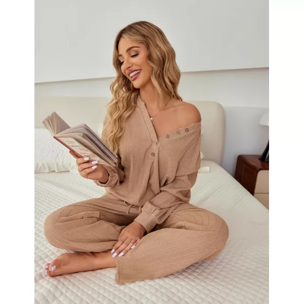 Ekouaer Womens 2 Piece Outfits Long Sleeve Knit Sweater Lounge Set Slouchy Pajama Set Cozy Loose Loungewear with PocketsBeige