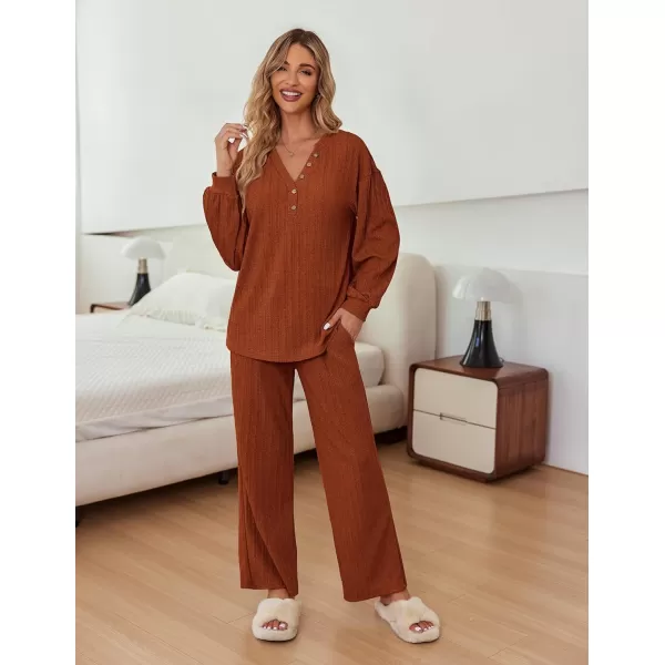 Ekouaer Womens 2 Piece Outfits Long Sleeve Knit Sweater Lounge Set Slouchy Pajama Set Cozy Loose Loungewear with PocketsCaramel
