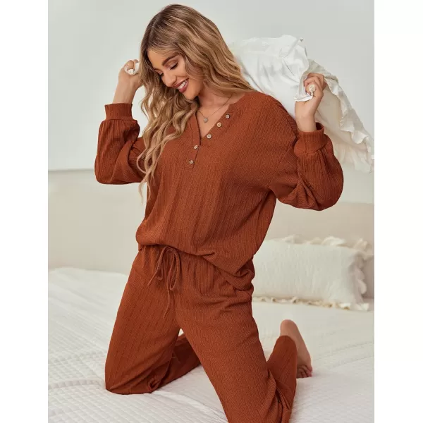 Ekouaer Womens 2 Piece Outfits Long Sleeve Knit Sweater Lounge Set Slouchy Pajama Set Cozy Loose Loungewear with PocketsCaramel