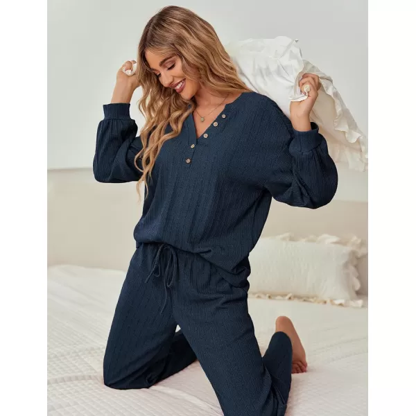 Ekouaer Womens 2 Piece Outfits Long Sleeve Knit Sweater Lounge Set Slouchy Pajama Set Cozy Loose Loungewear with PocketsDark Blue