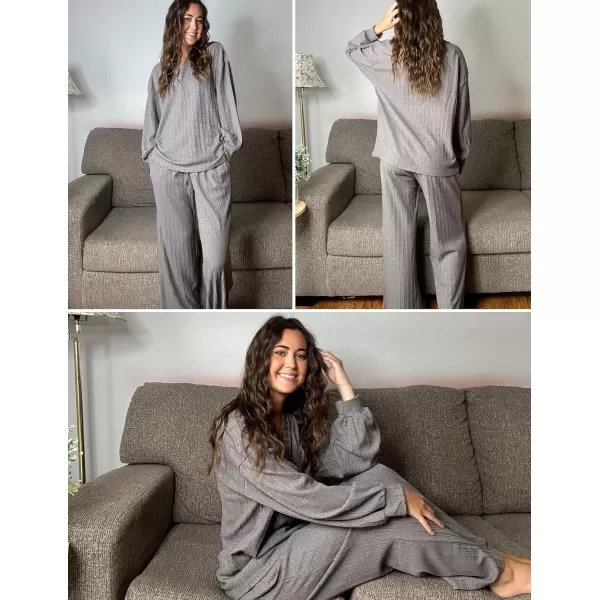 Ekouaer Womens 2 Piece Outfits Long Sleeve Knit Sweater Lounge Set Slouchy Pajama Set Cozy Loose Loungewear with PocketsLight Grey