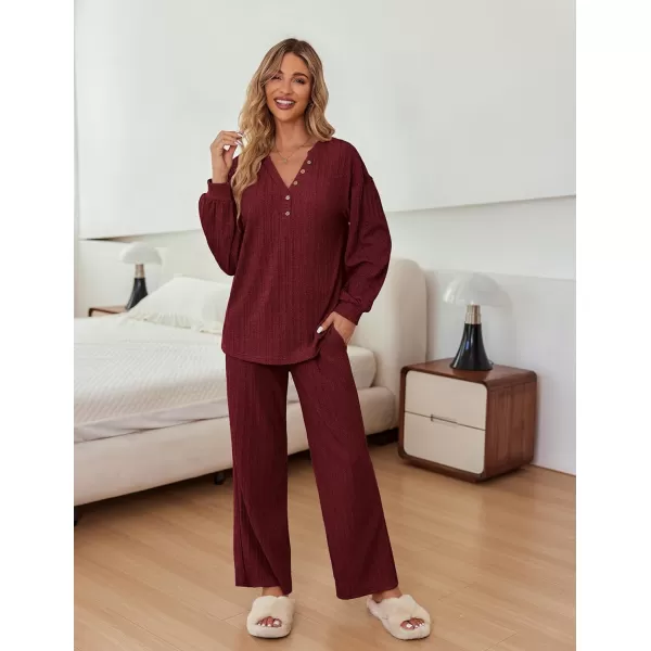 Ekouaer Womens 2 Piece Outfits Long Sleeve Knit Sweater Lounge Set Slouchy Pajama Set Cozy Loose Loungewear with PocketsWine Red