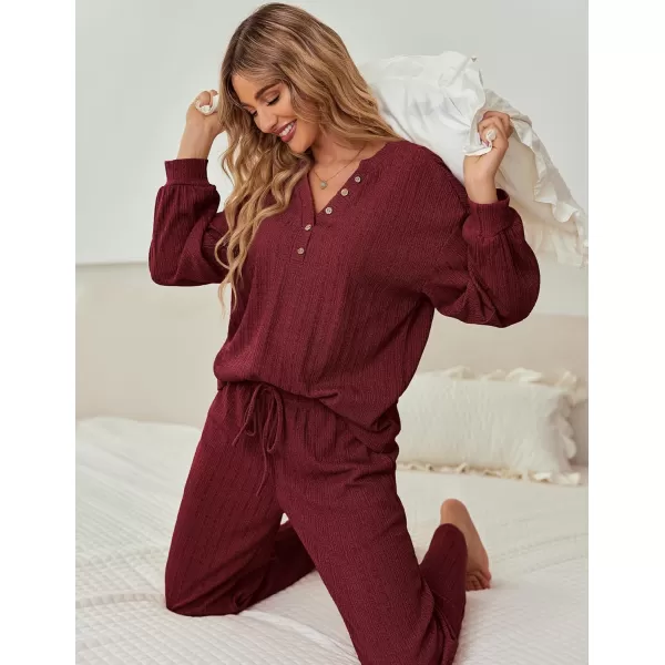 Ekouaer Womens 2 Piece Outfits Long Sleeve Knit Sweater Lounge Set Slouchy Pajama Set Cozy Loose Loungewear with PocketsWine Red