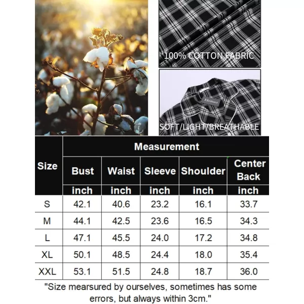 Ekouaer Womens Cotton Nightgowns Button Down Sleepshirt Long Sleeve Plaid Night Shirt Casual Boyfriend Pajamas Dress100 Cotton Black amp White Plaid