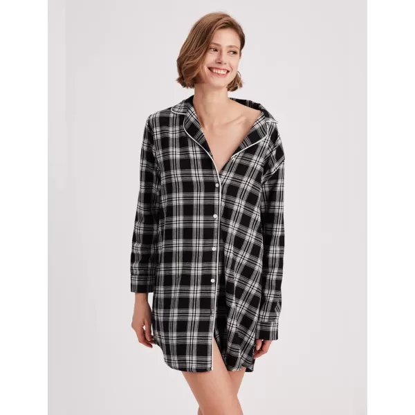 Ekouaer Womens Cotton Nightgowns Button Down Sleepshirt Long Sleeve Plaid Night Shirt Casual Boyfriend Pajamas Dress100 Cotton Black amp White Plaid