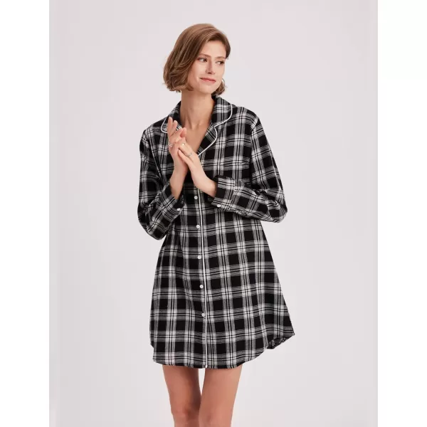Ekouaer Womens Cotton Nightgowns Button Down Sleepshirt Long Sleeve Plaid Night Shirt Casual Boyfriend Pajamas Dress100 Cotton Black amp White Plaid